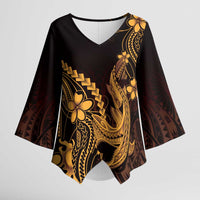 Gold Black Aloha Hawaii Kimono Sleeve Blouse Polynesian Shark Tattoo With Plumeria - Polynesian Pride