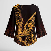 Gold Black Aloha Hawaii Kimono Sleeve Blouse Polynesian Shark Tattoo With Plumeria - Polynesian Pride