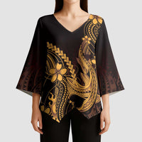 Gold Black Aloha Hawaii Kimono Sleeve Blouse Polynesian Shark Tattoo With Plumeria - Polynesian Pride