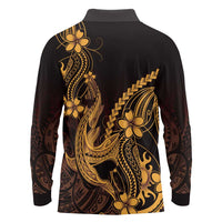 Gold Black Aloha Hawaii Long Sleeve Polo Shirt Polynesian Shark Tattoo With Plumeria - Polynesian Pride