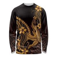 Gold Black Aloha Hawaii Long Sleeve Shirt Polynesian Shark Tattoo With Plumeria - Polynesian Pride
