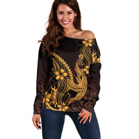 Gold Black Aloha Hawaii Off Shoulder Sweater Polynesian Shark Tattoo With Plumeria - Polynesian Pride