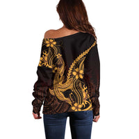 Gold Black Aloha Hawaii Off Shoulder Sweater Polynesian Shark Tattoo With Plumeria - Polynesian Pride