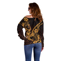 Gold Black Aloha Hawaii Off Shoulder Sweater Polynesian Shark Tattoo With Plumeria - Polynesian Pride