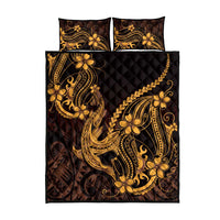 Gold Black Aloha Hawaii Quilt Bed Set Polynesian Shark Tattoo With Plumeria - Polynesian Pride