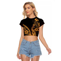 Gold Black Aloha Hawaii Raglan Cropped T Shirt Polynesian Shark Tattoo With Plumeria - Polynesian Pride