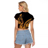 Gold Black Aloha Hawaii Raglan Cropped T Shirt Polynesian Shark Tattoo With Plumeria LT14 - Polynesian Pride