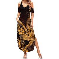 Gold Black Aloha Hawaii Summer Maxi Dress Polynesian Shark Tattoo With Plumeria - Polynesian Pride