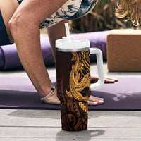 Gold Black Aloha Hawaii Tumbler With Handle Polynesian Shark Tattoo With Plumeria - Polynesian Pride