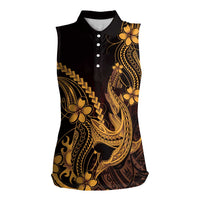 Gold Black Aloha Hawaii Women Sleeveless Polo Shirt Polynesian Shark Tattoo With Plumeria - Polynesian Pride