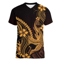 Gold Black Aloha Hawaii Women V-Neck T-Shirt Polynesian Shark Tattoo With Plumeria - Polynesian Pride