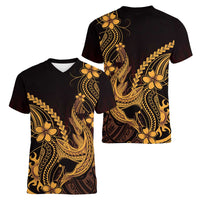 Gold Black Aloha Hawaii Women V-Neck T-Shirt Polynesian Shark Tattoo With Plumeria - Polynesian Pride