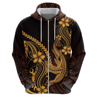 Gold Black Aloha Hawaii Zip Hoodie Polynesian Shark Tattoo With Plumeria - Polynesian Pride