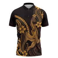Gold Black Aloha Hawaii Zipper Polo Shirt Polynesian Shark Tattoo With Plumeria - Polynesian Pride