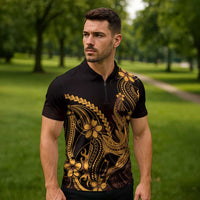 Gold Black Aloha Hawaii Zipper Polo Shirt Polynesian Shark Tattoo With Plumeria - Polynesian Pride