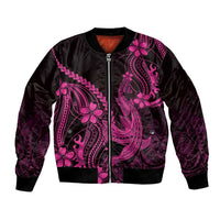 Pink Black Aloha Hawaii Bomber Jacket Polynesian Shark Tattoo With Plumeria - Polynesian Pride