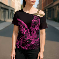 Pink Black Aloha Hawaii Cross Shoulder Shirt Polynesian Shark Tattoo With Plumeria - Polynesian Pride