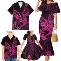Pink Black Aloha Hawaii Family Matching Mermaid Dress and Hawaiian Shirt Polynesian Shark Tattoo With Plumeria - Polynesian Pride
