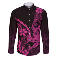 Pink Black Aloha Hawaii Family Matching Off The Shoulder Long Sleeve Dress and Hawaiian Shirt Polynesian Shark Tattoo With Plumeria - Polynesian Pride