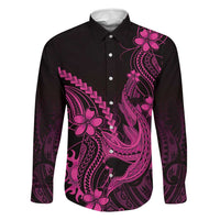 Pink Black Aloha Hawaii Family Matching Off Shoulder Maxi Dress and Hawaiian Shirt Polynesian Shark Tattoo With Plumeria - Polynesian Pride