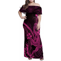 Pink Black Aloha Hawaii Family Matching Off Shoulder Maxi Dress and Hawaiian Shirt Polynesian Shark Tattoo With Plumeria - Polynesian Pride