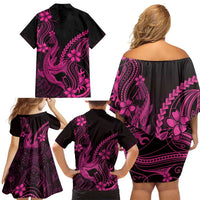 Pink Black Aloha Hawaii Family Matching Off Shoulder Short Dress and Hawaiian Shirt Polynesian Shark Tattoo With Plumeria - Polynesian Pride