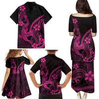 Pink Black Aloha Hawaii Family Matching Puletasi and Hawaiian Shirt Polynesian Shark Tattoo With Plumeria - Polynesian Pride