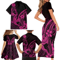 Pink Black Aloha Hawaii Family Matching Short Sleeve Bodycon Dress and Hawaiian Shirt Polynesian Shark Tattoo With Plumeria - Polynesian Pride