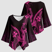 Pink Black Aloha Hawaii Kimono Sleeve Blouse Polynesian Shark Tattoo With Plumeria - Polynesian Pride
