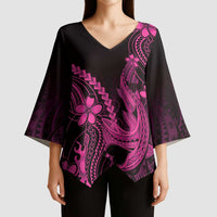 Pink Black Aloha Hawaii Kimono Sleeve Blouse Polynesian Shark Tattoo With Plumeria - Polynesian Pride