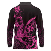 Pink Black Aloha Hawaii Long Sleeve Polo Shirt Polynesian Shark Tattoo With Plumeria - Polynesian Pride