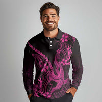Pink Black Aloha Hawaii Long Sleeve Polo Shirt Polynesian Shark Tattoo With Plumeria - Polynesian Pride