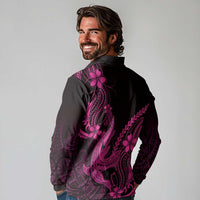 Pink Black Aloha Hawaii Long Sleeve Polo Shirt Polynesian Shark Tattoo With Plumeria - Polynesian Pride