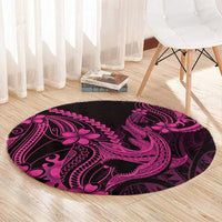 Pink Black Aloha Hawaii Round Carpet Polynesian Shark Tattoo With Plumeria - Polynesian Pride