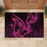 Pink Black Aloha Hawaii Rubber Doormat Polynesian Shark Tattoo With Plumeria - Polynesian Pride