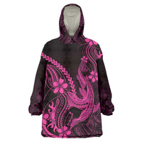 Pink Black Aloha Hawaii Wearable Blanket Hoodie Polynesian Shark Tattoo With Plumeria - Polynesian Pride