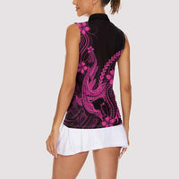 Pink Black Aloha Hawaii Women Sleeveless Polo Shirt Polynesian Shark Tattoo With Plumeria - Polynesian Pride