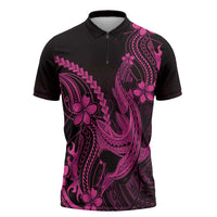 Pink Black Aloha Hawaii Zipper Polo Shirt Polynesian Shark Tattoo With Plumeria - Polynesian Pride