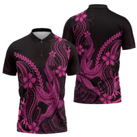 Pink Black Aloha Hawaii Zipper Polo Shirt Polynesian Shark Tattoo With Plumeria - Polynesian Pride