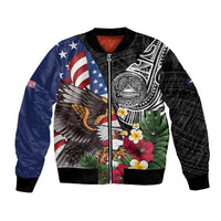 United States and American Samoa Bomber Jacket USA Flag Eagle With Seal Tropical Flowers