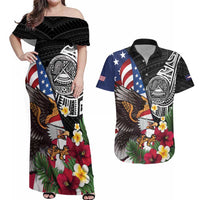 United States and American Samoa Couples Matching Off Shoulder Maxi Dress and Hawaiian Shirt USA Flag Eagle With Seal Tropical Flowers