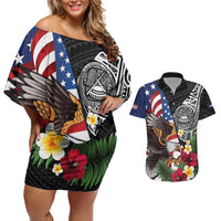 United States and American Samoa Couples Matching Off Shoulder Short Dress and Hawaiian Shirt USA Flag Eagle With Seal Tropical Flowers