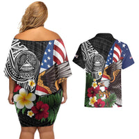 United States and American Samoa Couples Matching Off Shoulder Short Dress and Hawaiian Shirt USA Flag Eagle With Seal Tropical Flowers
