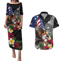 United States and American Samoa Couples Matching Puletasi and Hawaiian Shirt USA Flag Eagle With Seal Tropical Flowers
