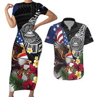 United States and American Samoa Couples Matching Short Sleeve Bodycon Dress and Hawaiian Shirt USA Flag Eagle With Seal Tropical Flowers