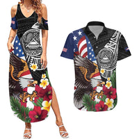United States and American Samoa Couples Matching Summer Maxi Dress and Hawaiian Shirt USA Flag Eagle With Seal Tropical Flowers