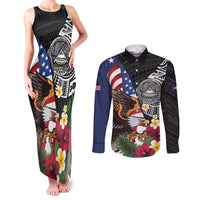 United States and American Samoa Couples Matching Tank Maxi Dress and Long Sleeve Button Shirt USA Flag Eagle With Seal Tropical Flowers