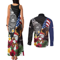 United States and American Samoa Couples Matching Tank Maxi Dress and Long Sleeve Button Shirt USA Flag Eagle With Seal Tropical Flowers