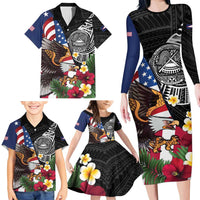 United States and American Samoa Family Matching Long Sleeve Bodycon Dress and Hawaiian Shirt USA Flag Eagle With Seal Tropical Flowers