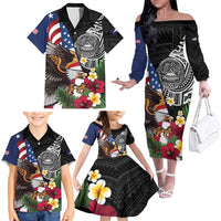 United States and American Samoa Family Matching Off The Shoulder Long Sleeve Dress and Hawaiian Shirt USA Flag Eagle With Seal Tropical Flowers